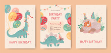 Happy Birthday, Postcards With Dinosaurs And Invitation To Holiday. Stegosaurus, Brontosaurus, And A Small Newborn Dinosaur That Hatched From An Egg. Dinos On Holiday Cards For Kids. Vector, Cartoon.