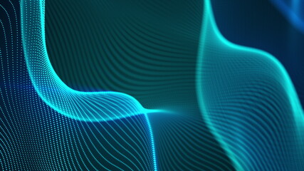 Poster - Computer generated a big data wave of particles. Color striped effect. 3D rendering of a futuristic neon luminous surface