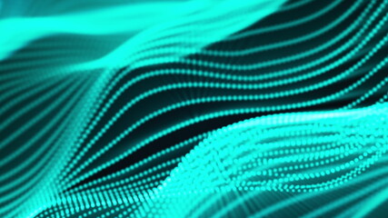Poster - Computer generated a big data wave of particles. Color striped effect. 3D rendering of a futuristic neon luminous surface