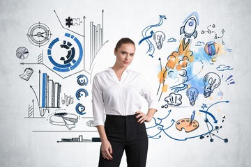 Wall Mural - office woman and sketch with analytical and creative thinking