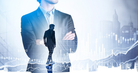 Poster - Businessman boss in suit walking, graph changes and skyscrapers