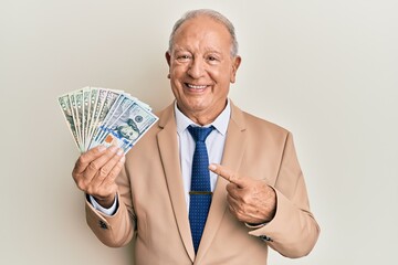 Wall Mural - Senior caucasian man holding dollars smiling happy pointing with hand and finger