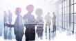 © ImageFlow - Silhouettes of diverse businesspeople working, rushing and looking for solutions in modern panoramic consulting office, meeting room. Business development concept. Double exposure