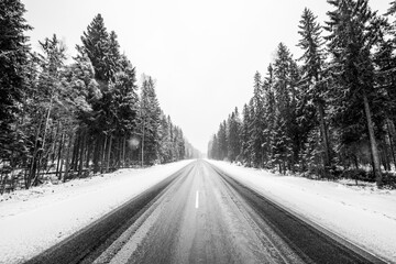 Wall Mural - Empty winter road during a snowfall passing through a spruce forest. View from the center of the road, image in the yellow-blue toning