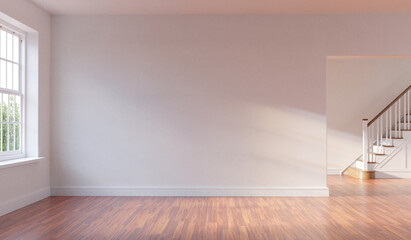 Poster - Large living room loft, bright, sunny interior. Empty space. Two rooms divided by a decorative partition wall. 3D render. 3D illustration.