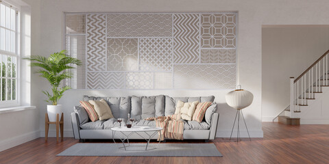 Aufkleber - Large living room loft, bright, sunny interior. Two rooms divided by a decorative partition wall. 3D render. 3D illustration.
