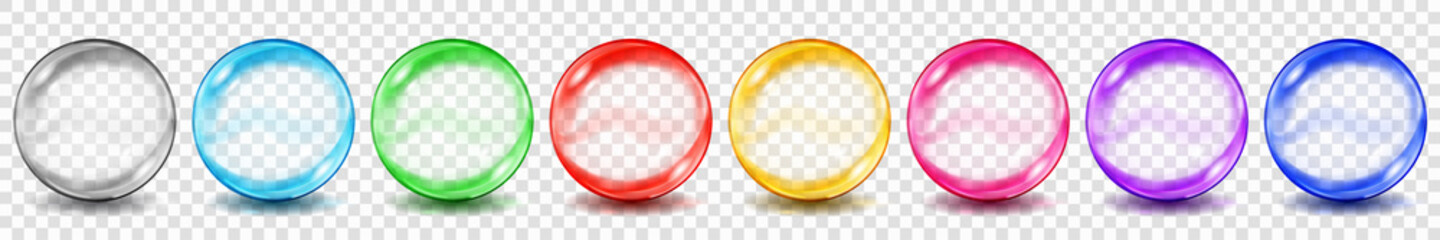 Poster - set of translucent colored spheres with glares and shadows on transparent background. transparency o