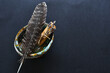 A top view image of a healing smudge stick and sacred feather in an abalone shell on a black background. 