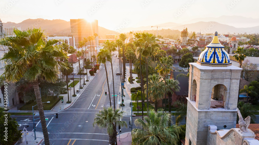 Aerial sunset view of the downtown area of Riverside, California. Stock ...