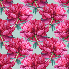  Seamless pattern watercolor red pink peony summer flower on blue background. Hand-drawn floral plant. Creative object for florist, invite, wedding, celebration, card, wrapping, sketchbook