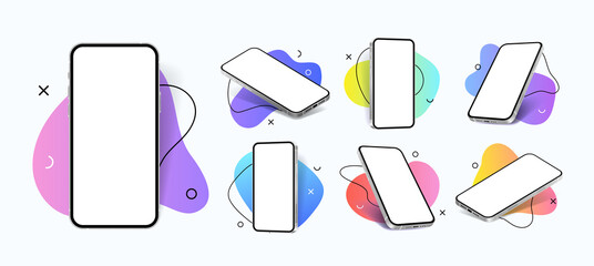 Poster - Mobile phone mockup. Realistic smartphones on abstract backgrounds. Blank screen for app interface. View from different sides on gadgets with copy space. Vector monitor of 3D cellphone