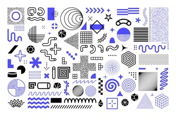 Poster - Memphis geometric shapes. Abstract graphic figures. Minimal contour flat style forms set from lines and dots. Purple silhouettes or black concentric circles. Vector modern background