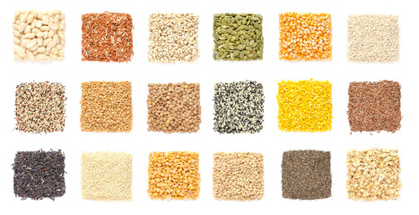 Collection of dry organic cereal and grain seeds in square shape  on white background, for healthy food ingredient or agricultural product concept