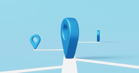Fototapete - Locator mark of map and location pin or navigation icon sign on blue background with search concept. 3D rendering.