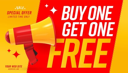 Wall Mural - Web banner with megaphone announcing buy one get one free. Poster template advertising special sale offer with limit in time. Realistic loudspeaker design and promotion text vector illustration