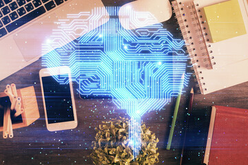 Multi exposure of brain drawing over work table desktop. Top view. Global data analysis concept.