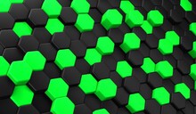 Geometric Hexagonal Background In Black And Green Color. Hexagonal Cells. 3d Rendering