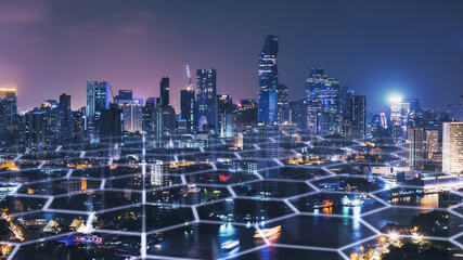Fototapete - Smart Network and Connection city of Bangkok Thailand at night