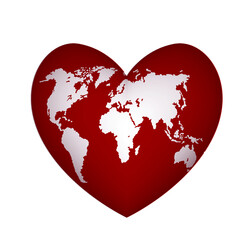 Red heart with white world map. Continents and continents of planet earth. Day of environmental protection. Vector illustration