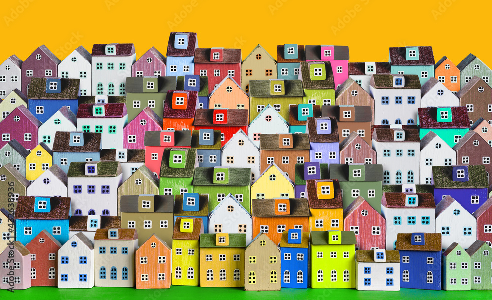 City background with rows of wooden colorful houses - obrazy, fototapety, plakaty 