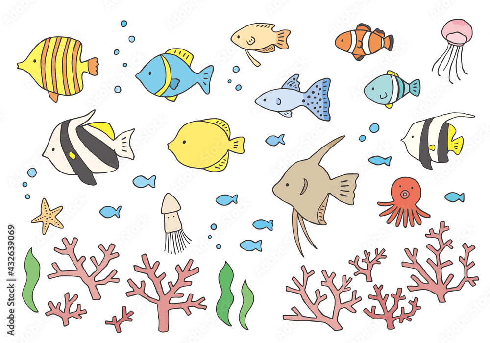 Fototapete いろんな熱帯魚とサンゴの手描きイラストセット カラー ちーぼう Fototapete いろんな熱帯魚とサンゴの手描きイラストセット カラー ちーぼう