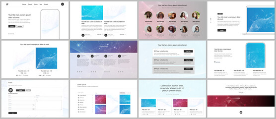 Wall Mural - Vector templates for website design, presentations, portfolio. Templates for presentation slides, flyer, leaflet, brochure cover, report. Polygonal science background with connecting dots and lines.