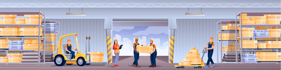 People working in warehouse. Delivery workers in storage hangar interior design panorama. Men operating forklift, carrying box vector illustration. Goods in stockroom in packages