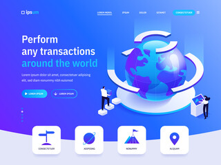Poster - Vector landing page of Perform any transactions around the world isometric concept. Business investment, money transfer, online banking, account. Illustration of advertising banner in isometry design