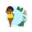 Black African American woman, plus size model in swimsuit, positive body concept, standing against blue background with tropical leaves. Womens day.