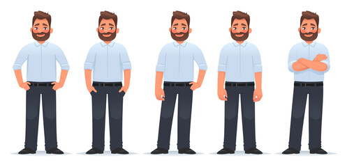 Wall Mural - Set of character of a happy bearded man in different poses in classic clothes. Vector illustration