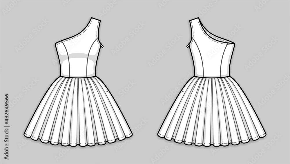 Mini sleeveless one shoulder dress with asymmetrical neckline, invisible  zipper in a side seam, seam at waist, flared skirt with pleats. X-line  silhouette. Back , front. Technical flat sketch, vector. Stock Vector |
