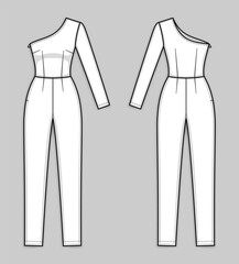 One shoulder bodycon jumpsuit with asymmetrical neckline, hidden zipper in a side seam, ankle length tapered leg, one long sleeve. Women's jumpsuit. Back and front. Technical flat sketch, vector.