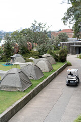 Glamping site on Cockatoo Island all set up for a night of camping and relaxing Sydney harbour