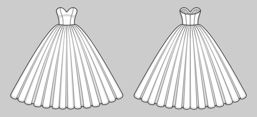 Ball gown dress. Corset bodice with strapless sweetheart neckline, seam at waist, back zip clasp, flared skirt with pleats. Quinceanera, wedding dress. Back and front. Technical flat sketch, vector.