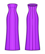 Maxi fitted bright purple column dress with panel lines, strapless straight across neckline, back zip clasp, kick pleat. Bodycon dress. Back and front. Technical flat sketch. Vector illustration.