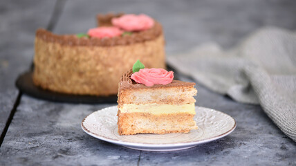 Homemade Kiev cake with buttercream. Ukrainian meringue nut cake.