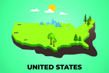 Wall Mural - United States 3d isometric map with topographic details mountains, trees and soil vector illustration design