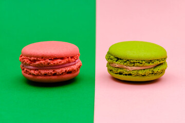 two color macaron cakes on a two paper color background