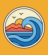 Line Style Vector Surfing Badge. For T-shirt Prints, Posters And Other Uses.