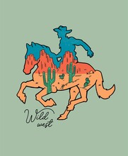Western Theme, A Cowboy On  Horse. Vector Illustration For T-shirt Prints, Posters, And Other Uses.