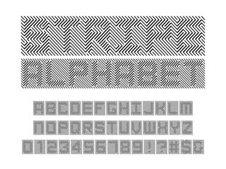 optical illusion style alphabet design with uppercase, numbers and symbols