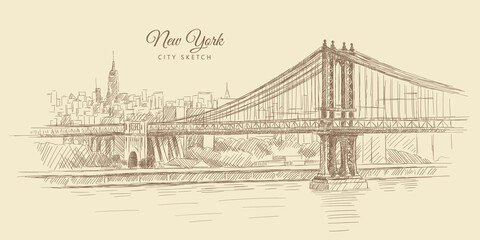 Sketch of a bridge over the river and outlines of a city with skyscrapers, New York, hand-drawn.