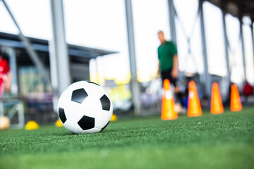 Wall Mural - Selective focus to soccer ball on green artificial turf with blurry soccer team is training. Sport background. Soccer background.