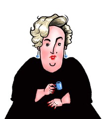 illustration caricature of middle aged blond arrogant woman drinking coffee