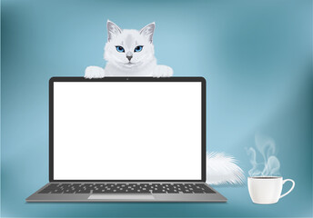 Vector mock up realistic laptop with blank screen display and white cat and coffee cup near a computer. Template for your design with modern mobile laptop and blank copy space isolated on light backgr