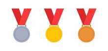 Set Of Three Award Medals - Gold, Silver, Bronze Isolated On White Background. Winner Medal With Red Ribbon. Achievement Victory Concept. Vector Illustration. Flat Style