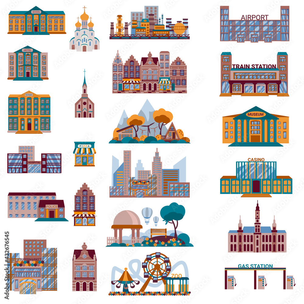 Flat cartoon city buildings. Infographics of urban structures. Vector  illustration. Industrial area, rotunda park, amusement park, eco-village,  business center isolated on white background Stock Vector | Adobe Stock, image size:1000x1000