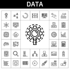 Sticker - data icon set. line icon style. data related icons such as rising, news reporter, hologram, industry, networking, research, network, analytics, line chart, mouse, bar