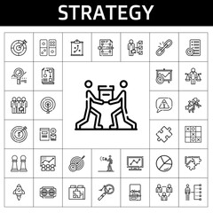 Poster - strategy icon set. line icon style. strategy related icons such as workflow, branding, link, advertising, dart board, target, analytics, skills, planning, vision, balance