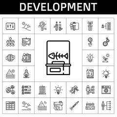 Poster - development icon set. line icon style. development related icons such as settings, test tube, workflow, sprout, idea, ideas, rocket ship, analysis, building, skills, analytics